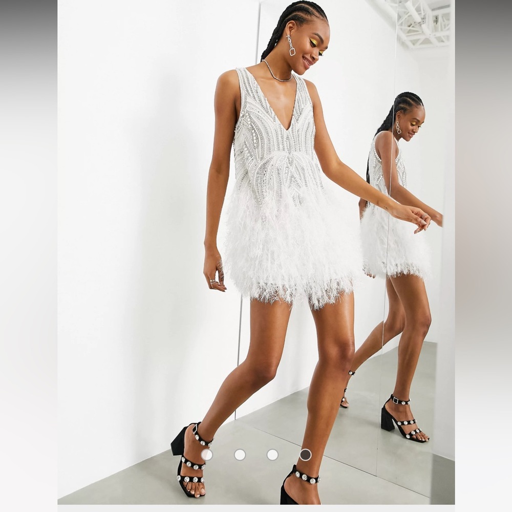 ASOS EDITION crystal and bead mini dress with faux feather hem in white